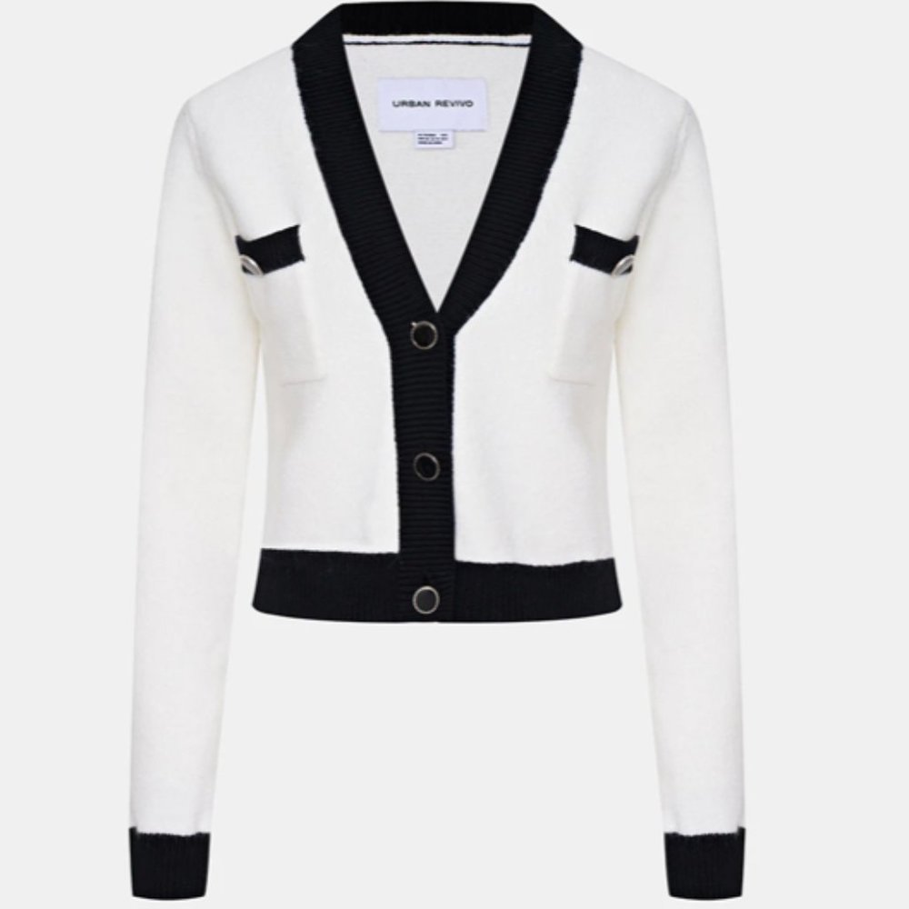 Urban revive V NECK knit white black button crop cardigan - Picture 2 of 8